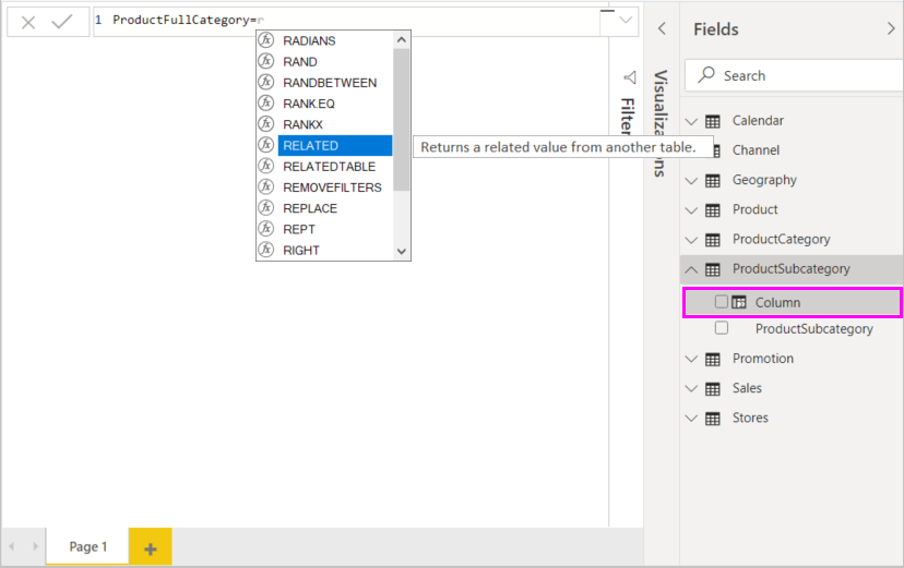 Screenshot di RELATED selezionato nella barra della formula.