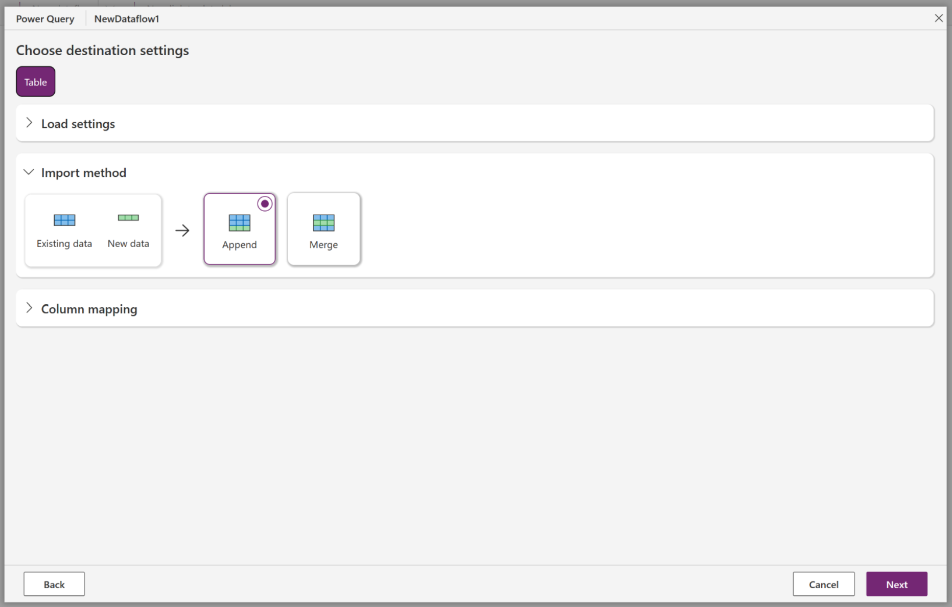 Screenshot della finestra di dialogo Scegli impostazioni di destinazione con la scelta del metodo di importazione visualizzata.
