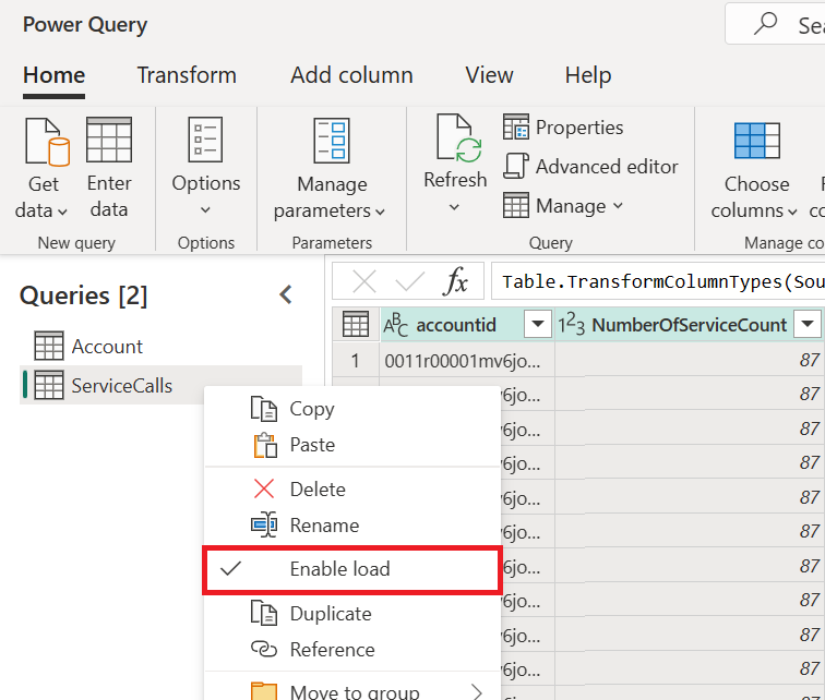 Screenshot del menu di scelta rapida della query con l'opzione Abilita caricamento selezionata.