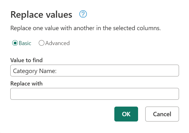 Screenshot della finestra di dialogo Sostituisci valori per una colonna di testo.