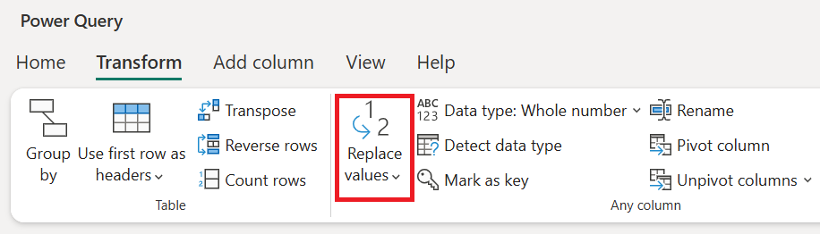 Screenshot di Sostituisci valori nella scheda Trasforma.