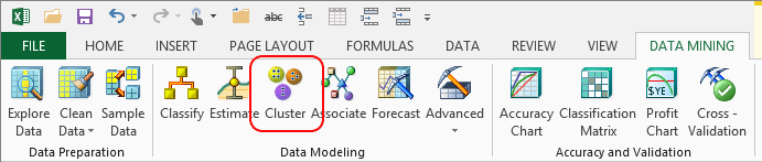 Creazione guidata cluster nella barra multifunzione Data Mining