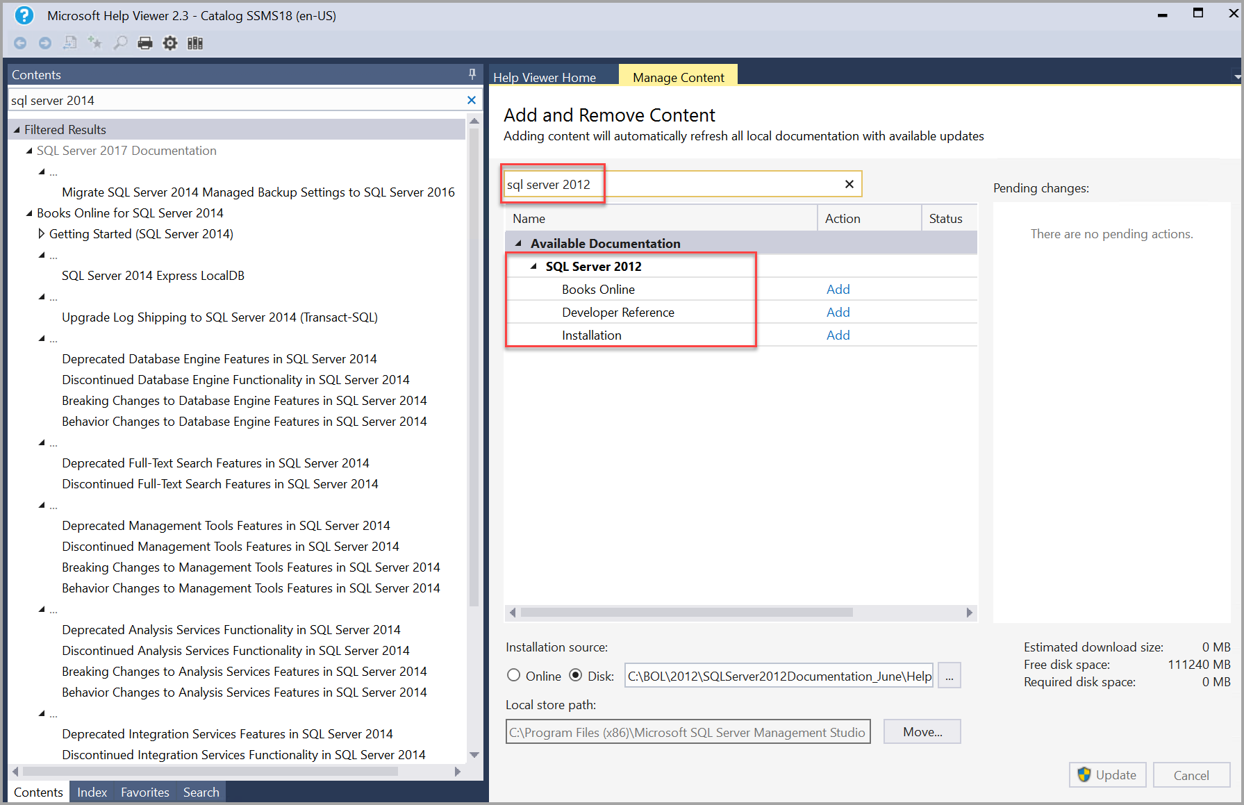 Ricerca di libri di SQL Server 2012 in Help Viewer