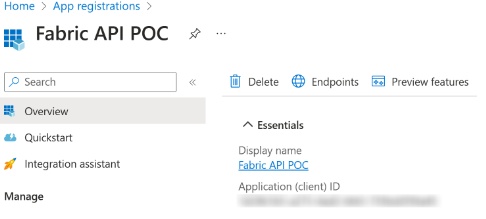 Screenshot che mostra un'applicazione in Azure dopo la registrazione.
