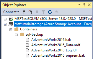 Screenshot di Object Explorer in SSMS che mostra i file di dati all'interno del contenitore, su Azure, sotto l'elemento riguardante un'istanza di SQL Server.