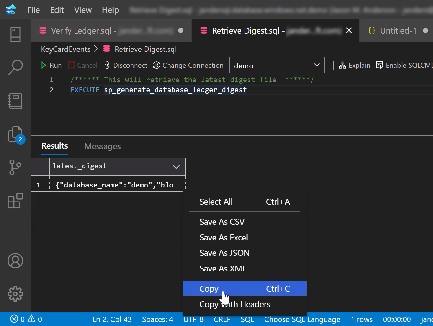 Screenshot che mostra il recupero dei risultati del digest tramite Visual Studio Code.