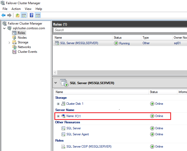Screenshot del nome di rete dell'istanza del cluster di failover in Gestione cluster di failover.