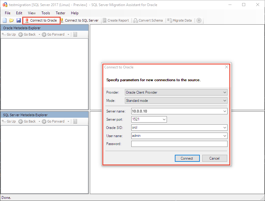 Screenshot che mostra come connettersi a Oracle.