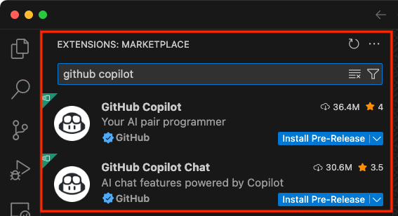 Screenshot dell'estensione GitHub Copilot in Visual Studio Code.