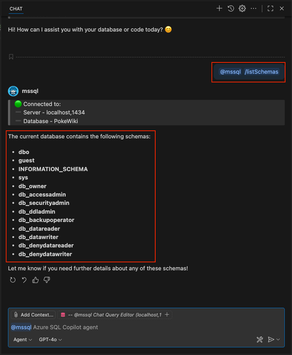 Screenshot dell'uso del comando /listSchemas slash nella chat di GitHub Copilot.