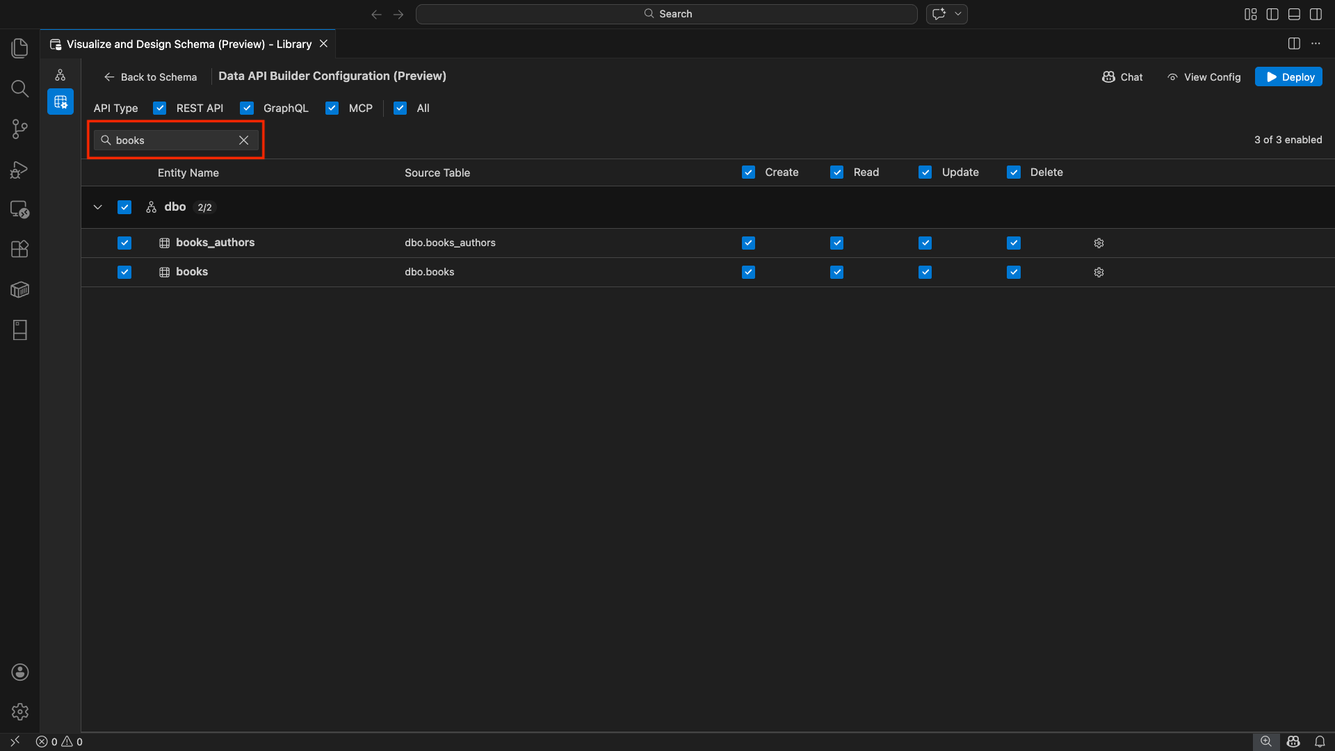 Schermata della casella filtro entità con un termine di ricerca che filtra l'elenco di entità.