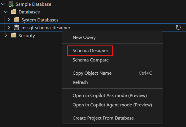 Screenshot del punto di ingresso per aprire la finestra di progettazione dello schema nell'estensione MSSQL di Visual Studio Code.