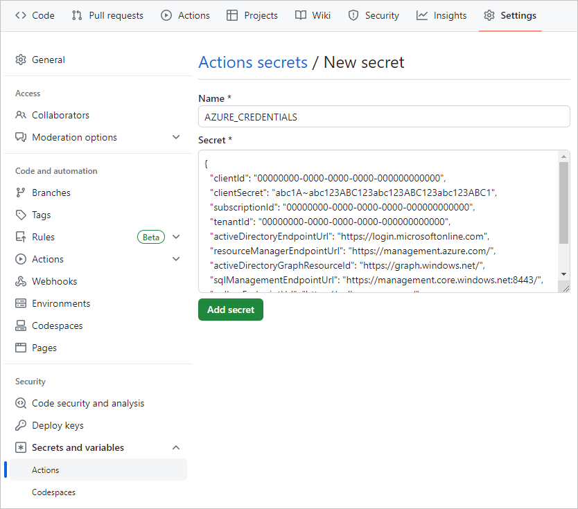 Screenshot della nuova pagina segreta per impostare i segreti delle variabili di ambiente in GitHub.