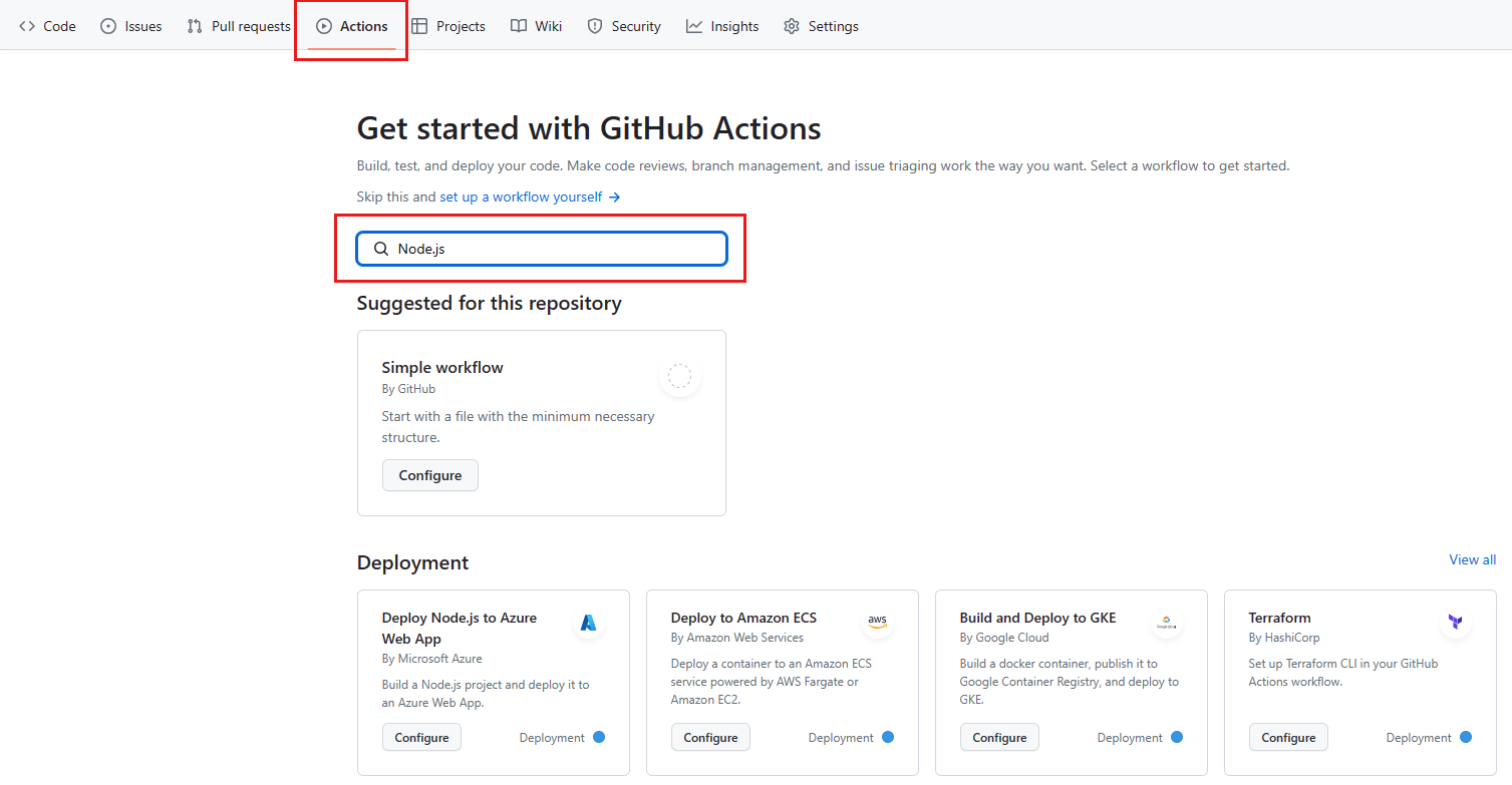 Screenshot che mostra la scheda GitHub Actions con la casella di ricerca evidenziata e con il testo Node.js.
