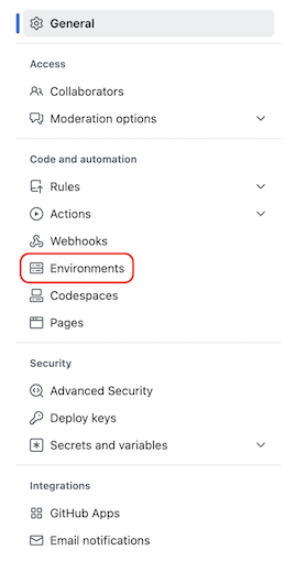 Screenshot di un menu Impostazioni in Generale con sezioni per Accesso, Codice e automazione, Sicurezza e integrazioni. L'opzione Ambienti è evidenziata.