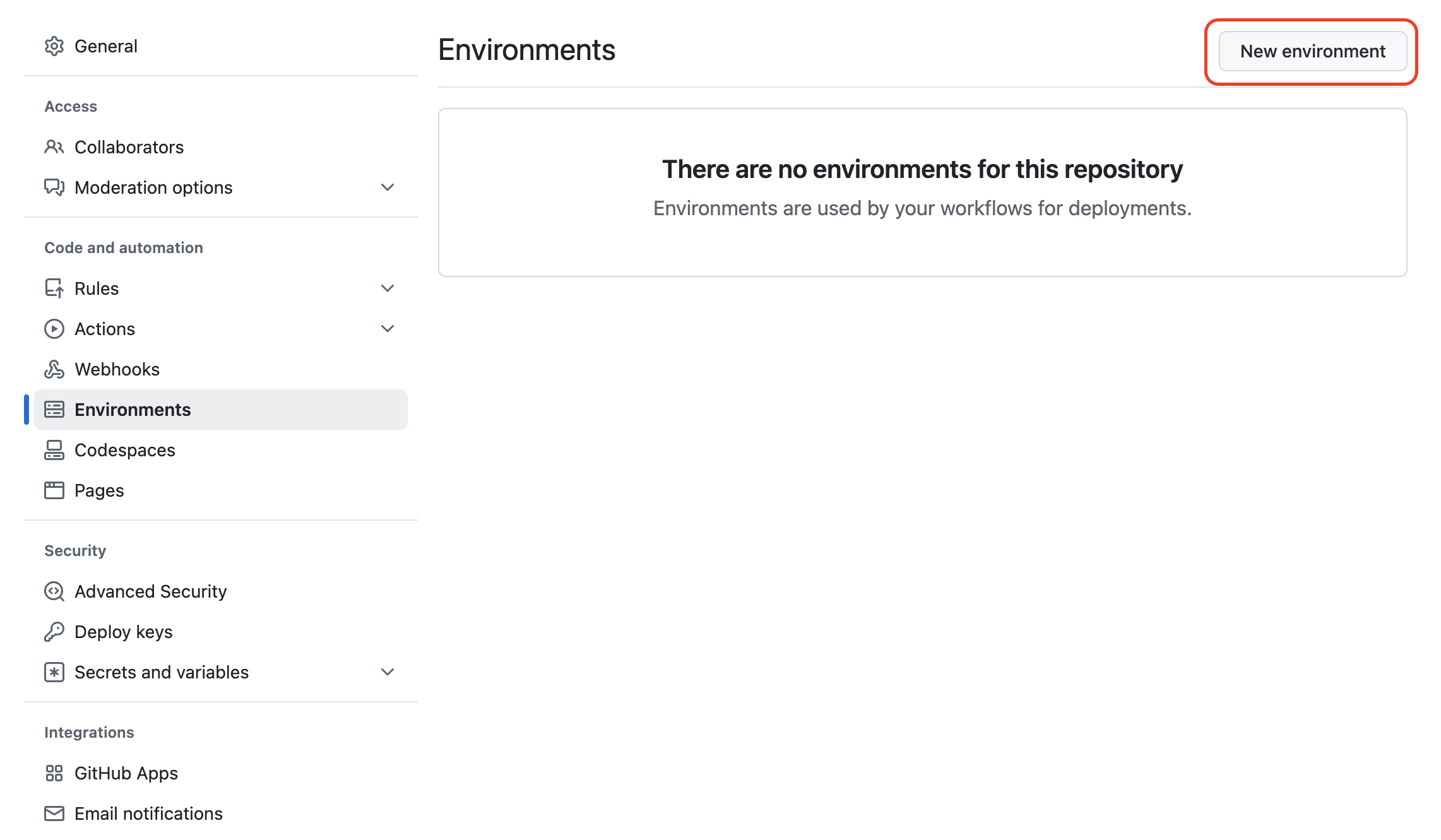 Screenshot della pagina Impostazioni repository GitHub che mostra la sezione Ambienti con un messaggio che indica che non esistono ambienti e il pulsante Nuovo ambiente evidenziato.