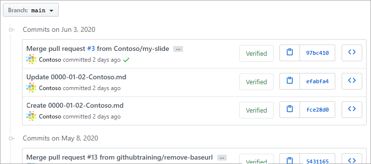 Un'immagine di un elenco di commit di GitHub sul ramo principale.