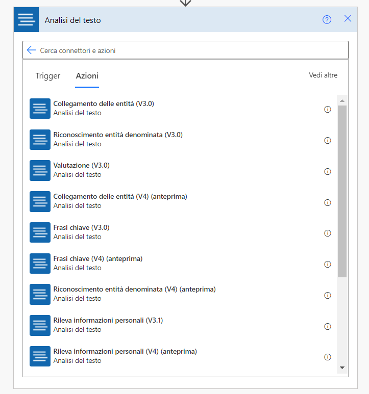 Azioni per il connettore Analisi del testo.