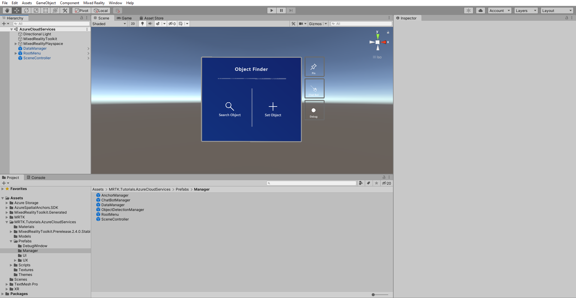 Screenshot di Unity con la finestra Project che mostra il percorso del prefab ObjectDetectionManager.