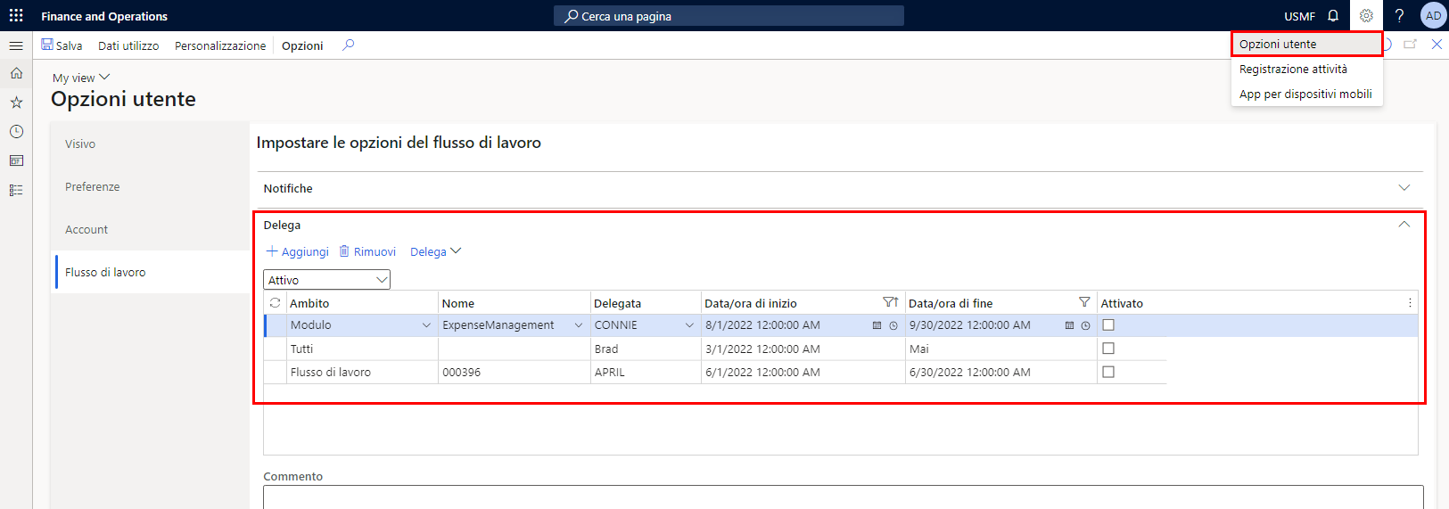 Screenshot della pagina Opzioni utente e della Scheda dettaglio Impostare le opzioni del flusso di lavoro.