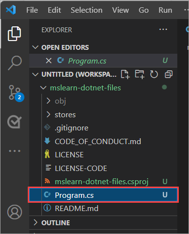 Screenshot della finestra Di esplorazione che evidenzia il file program.cs.