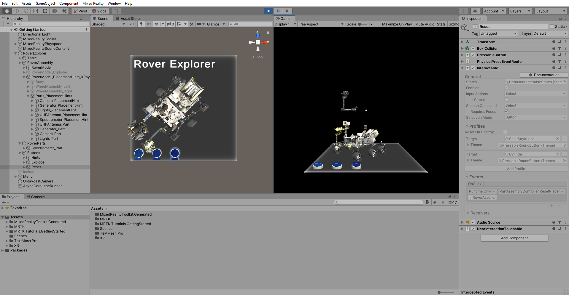 Screenshot della doppia visualizzazione in modalità Play di Unity con il pulsante Reimposta premuto.