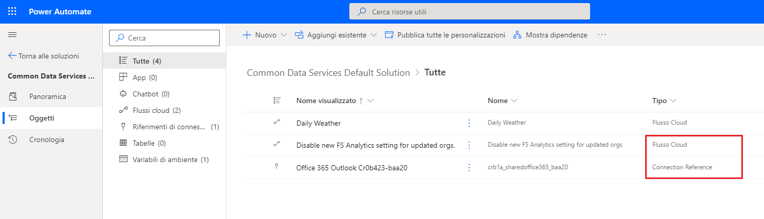 Screenshot dei tipi Riferimento connessione e Flusso cloud.