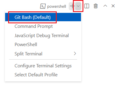 Screenshot della finestra del terminale di Visual Studio Code con l'elenco a discesa della shell del terminale visualizzato e Git Bash Default selezionato.