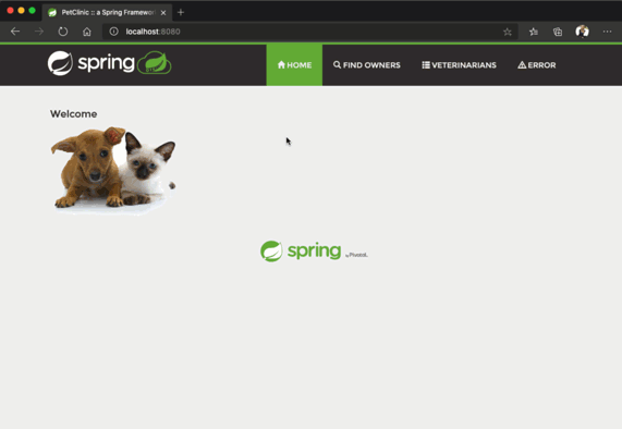 Screenshot che mostra la selezione nella distribuzione locale dell'applicazione di esempio della clinica veterinaria.