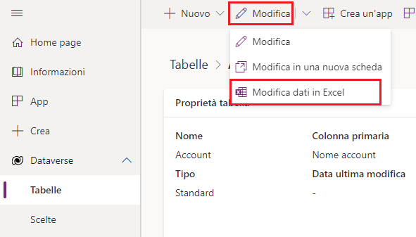 Visualizzazione della barra dei comandi che mostra Modifica e Modifica dati in Excel evidenziati.