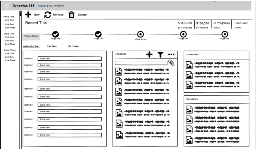 Un esempio di wireframe di un modulo con segnaposto per testo e raggruppamenti di controlli.