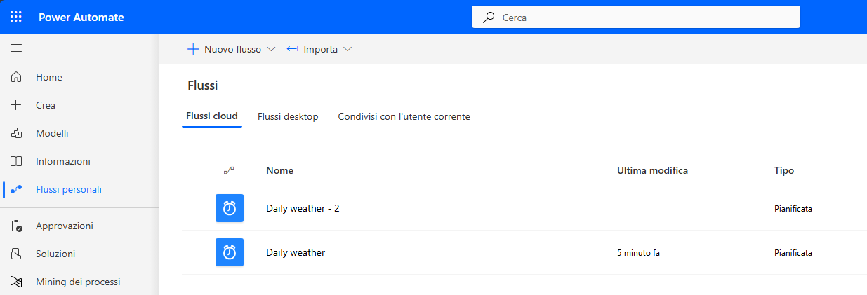 Screenshot dei flussi cloud.