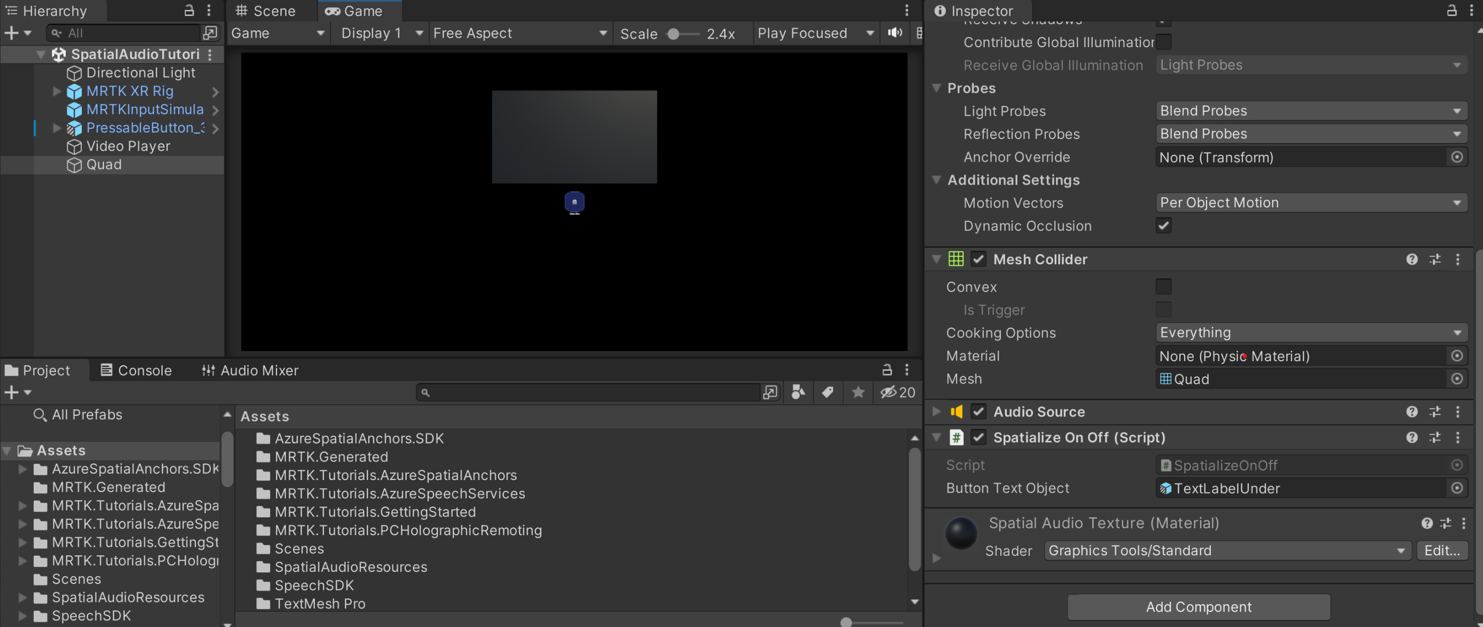 Screenshot della ricerca dell'oggetto Quad nella gerarchia con il componente SpatialierOnOff.