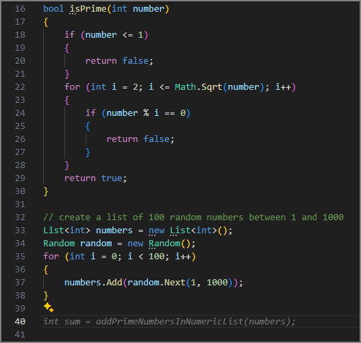 Screenshot che mostra GitHub Copilot che suggerisce una chiamata di metodo.