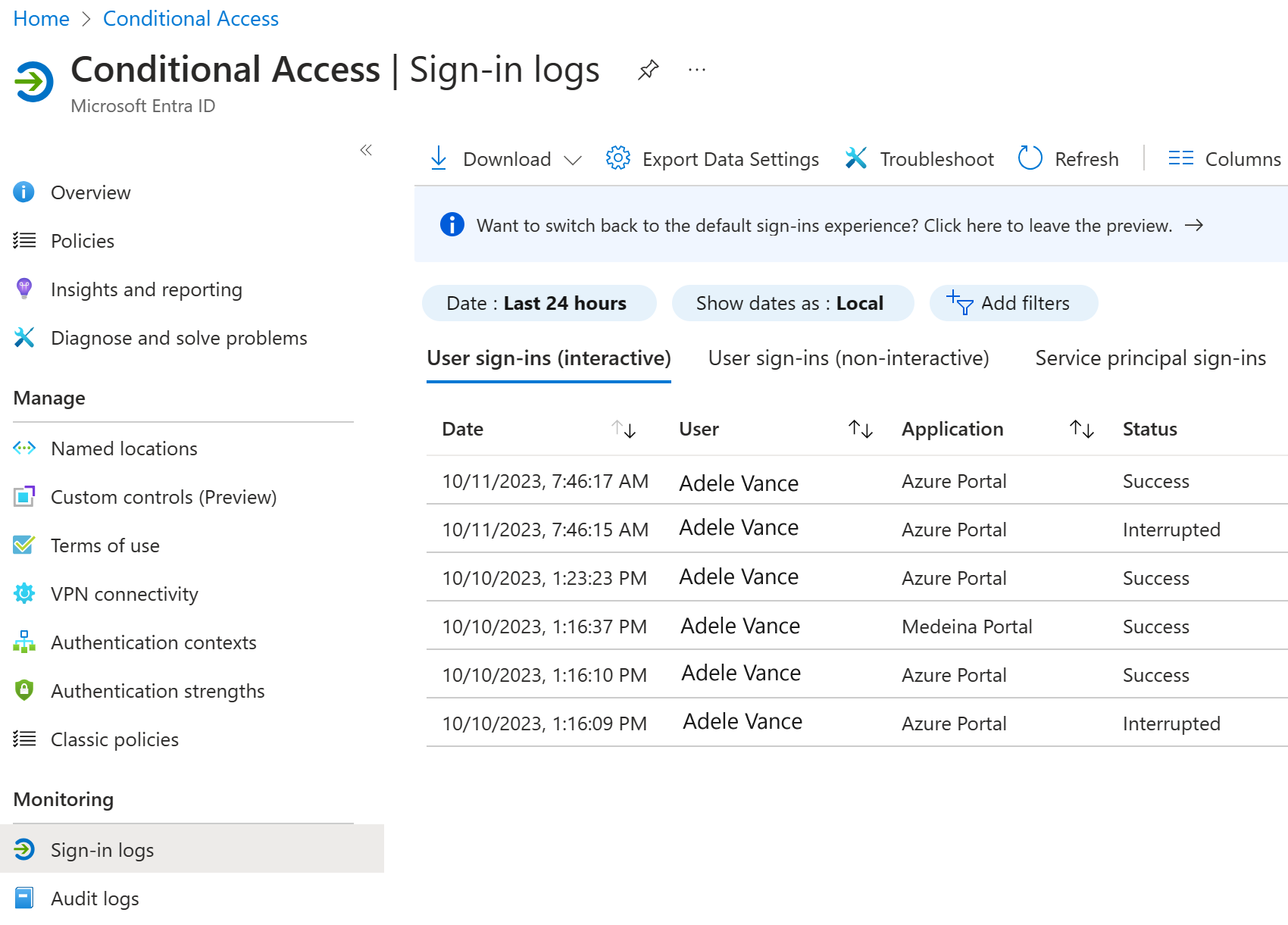 Screenshot della schermata del messaggio di errore. L'utente sta selezionando il filtro per l'accesso condizionale nel log degli accessi.