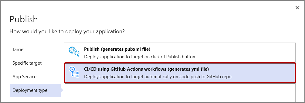 Screenshot che mostra l'opzione di pubblicazione CI/CD.