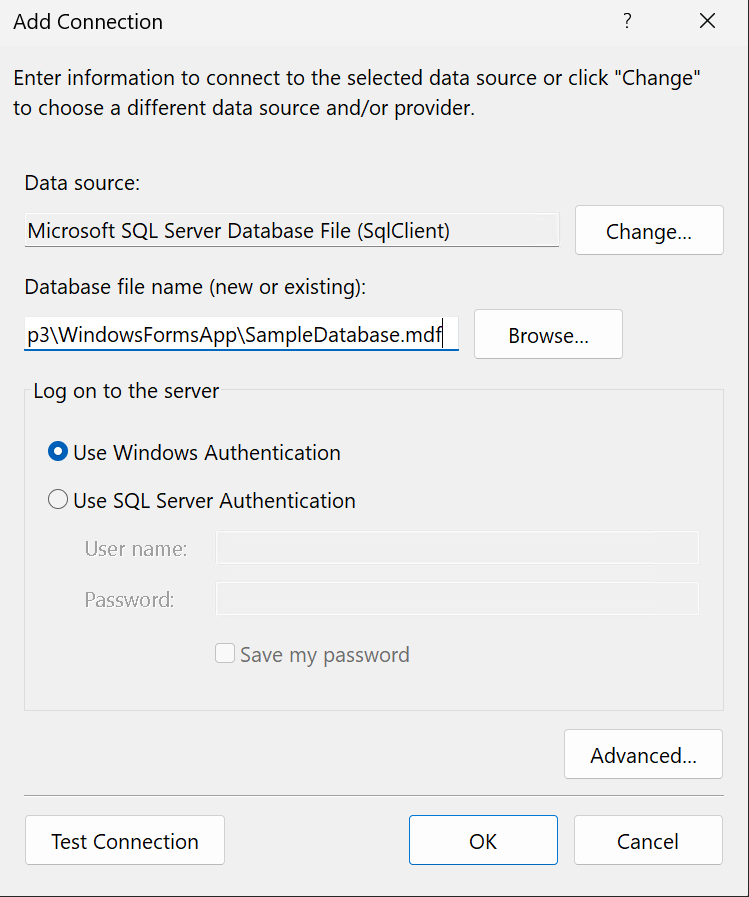 Screenshot che mostra la finestra di dialogo Aggiungi connessione, connettendosi a un file di database SQL.