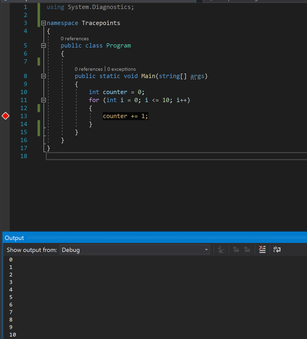 Screenshot che mostra il messaggio Azioni nella finestra di output.