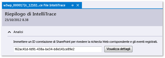 Log IntelliTrace - Immettere l'ID di correlazione di SharePoint: