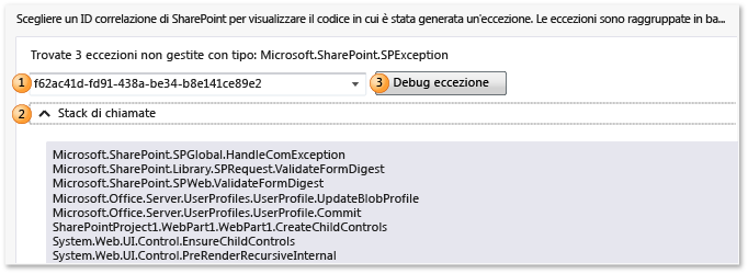 Log di IntelliTrace - Eccezioni non gestite di SharePoint