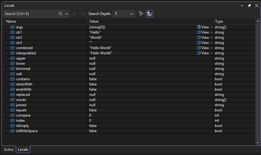 Screenshot che mostra la finestra Variabili locali.