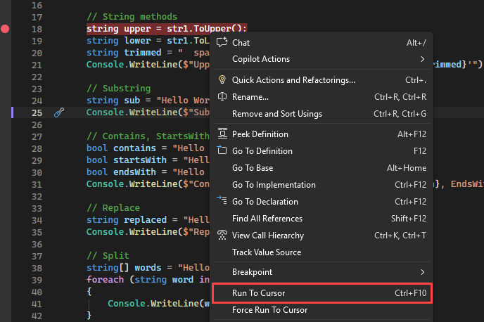 Screenshot che mostra l'opzione Esegui fino al cursore.