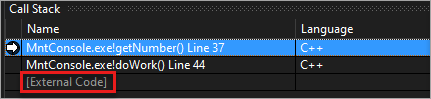 Screenshot del codice esterno nella finestra Stack di chiamate.