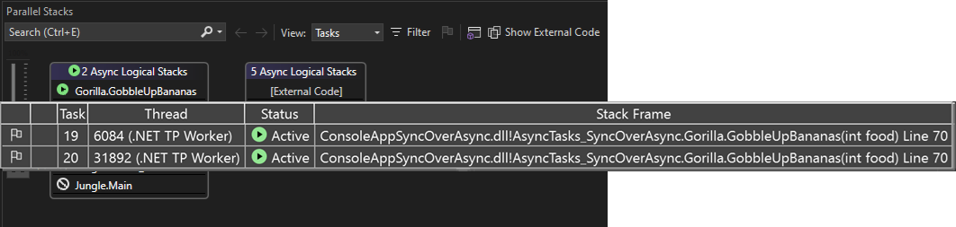 Screenshot dei thread associati allo stack di chiamate.