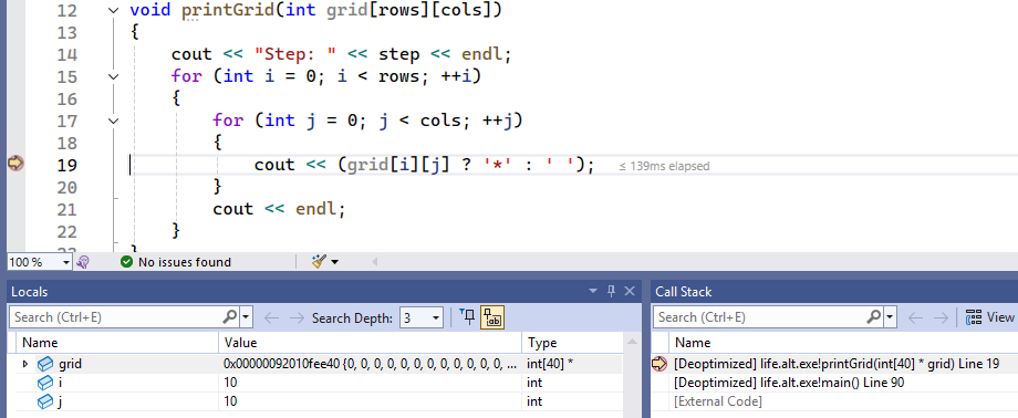 Screenshot che mostra il debug della funzione printGrid.
