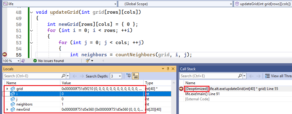Screenshot che mostra il debug della funzione updateGrid.