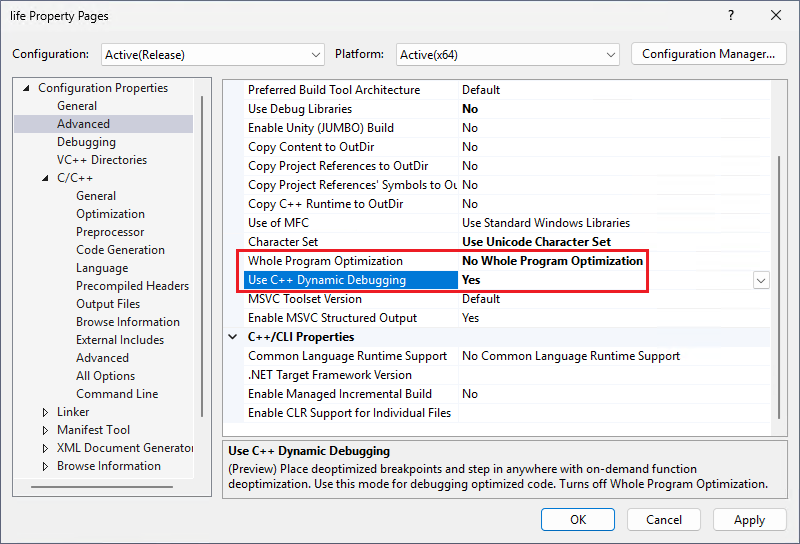 Screenshot che mostra le proprietà avanzate del progetto.
