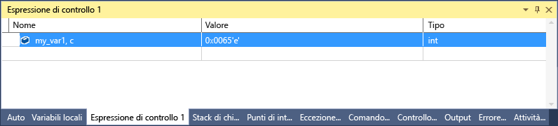 Screenshot della finestra di controllo di Visual Studio con una riga selezionata che mostra my_var1.c con il valore 101 'e' e di tipo int.