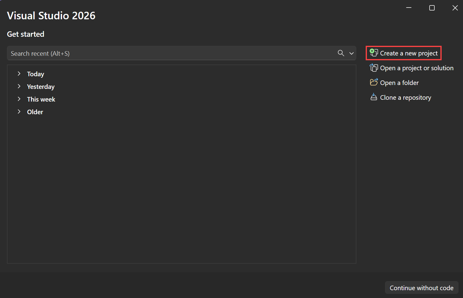 Screenshot mostra l'opzione Crea un nuovo progetto nella finestra iniziale di Visual Studio.
