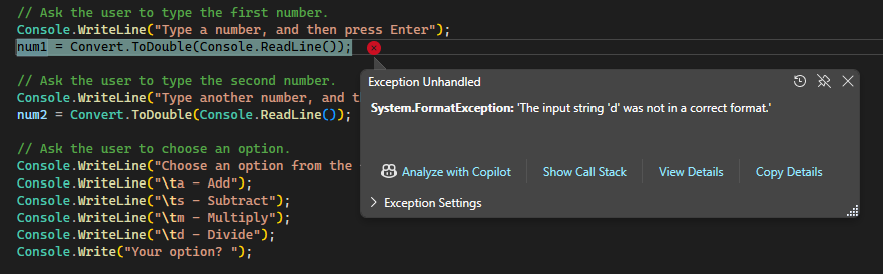 Screenshot che mostra un errore di formato non gestito nell'editor di Visual Studio Code.